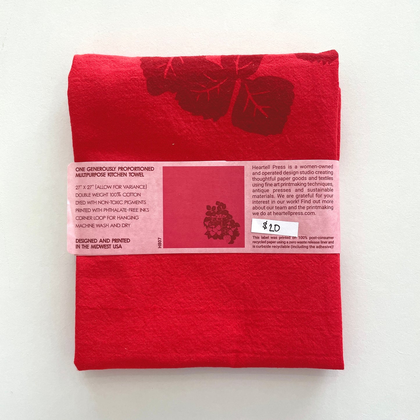 Screen Printed Red Strawberries Generous Kitchen Towel