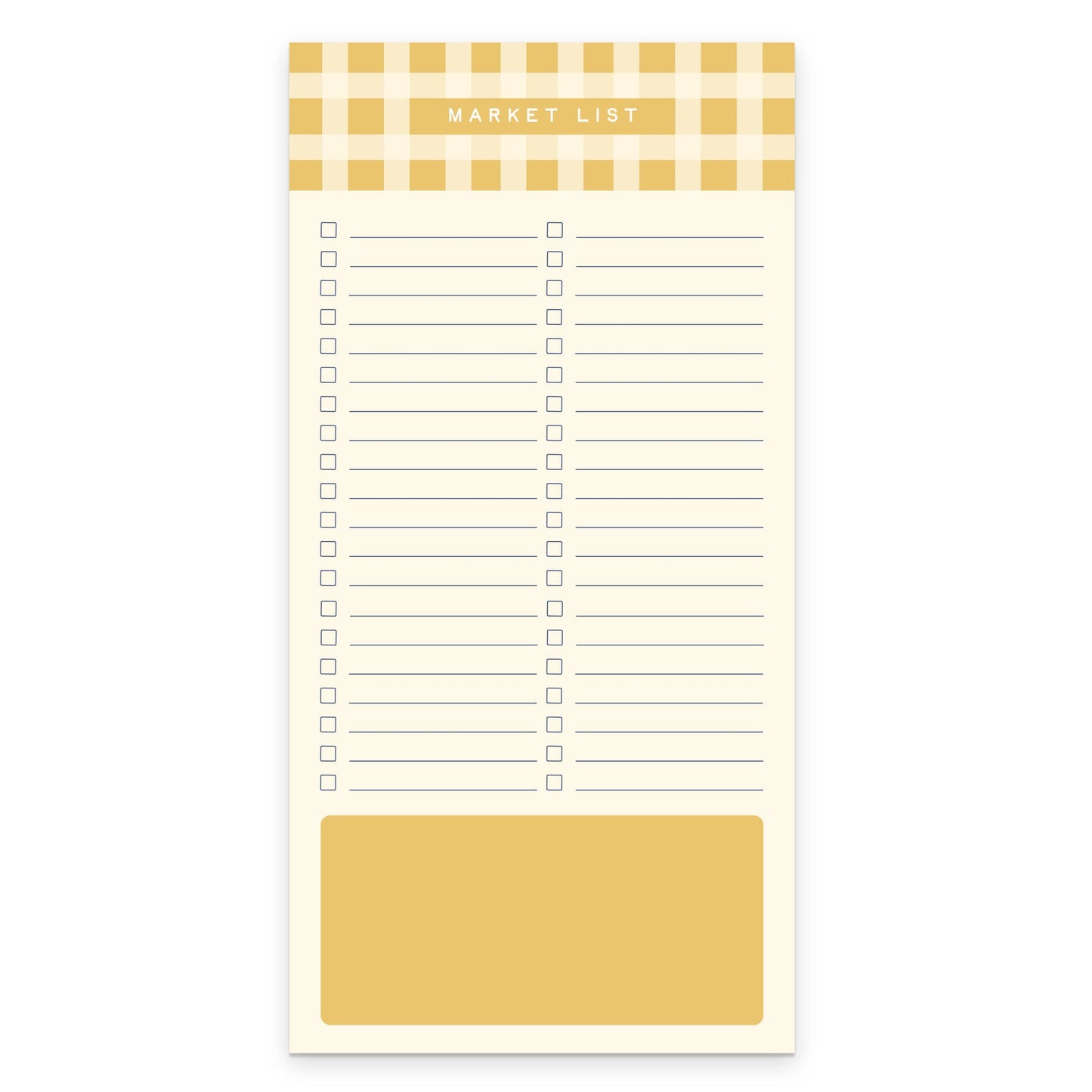 Notepad with a yellow checkered border and 'Market List' at the top on a white background