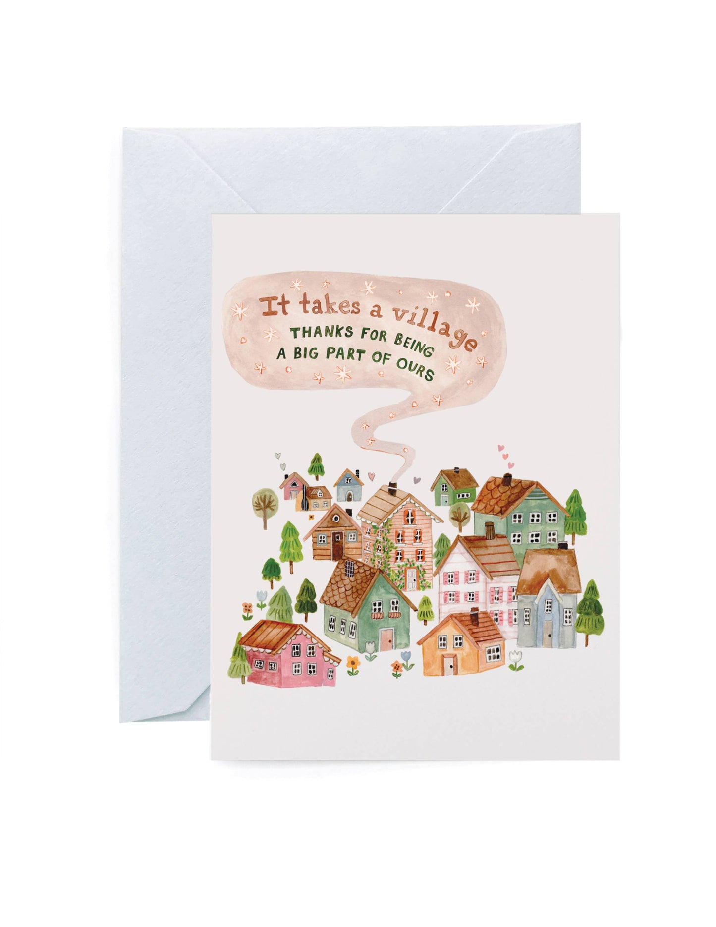 Greeting card with illustration of a village and text 'It takes a village. Thanks for being a big part of ours.'
