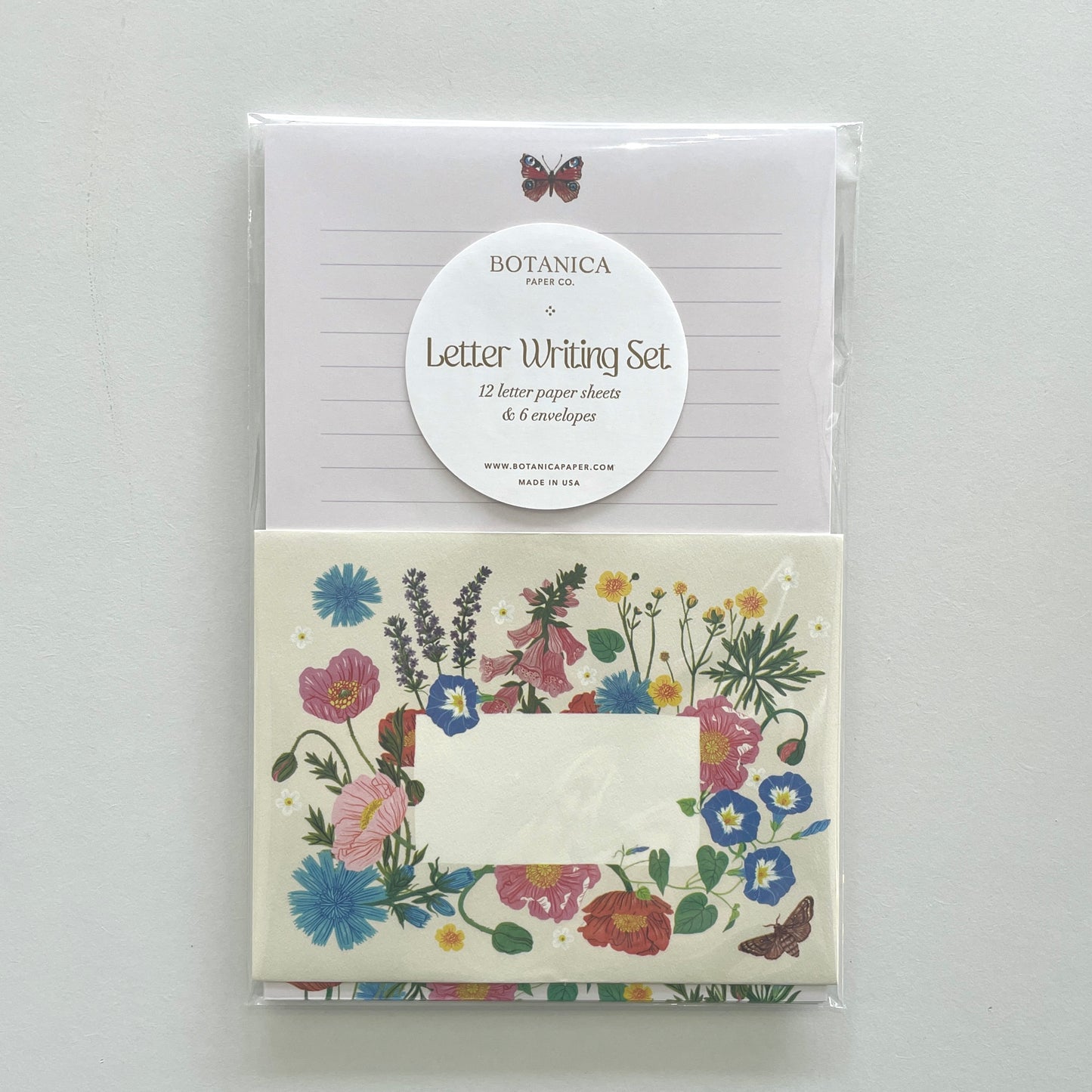 A letter writing set from Botanica Paper Co., featuring a floral design envelope and a pack of letter writing cards.