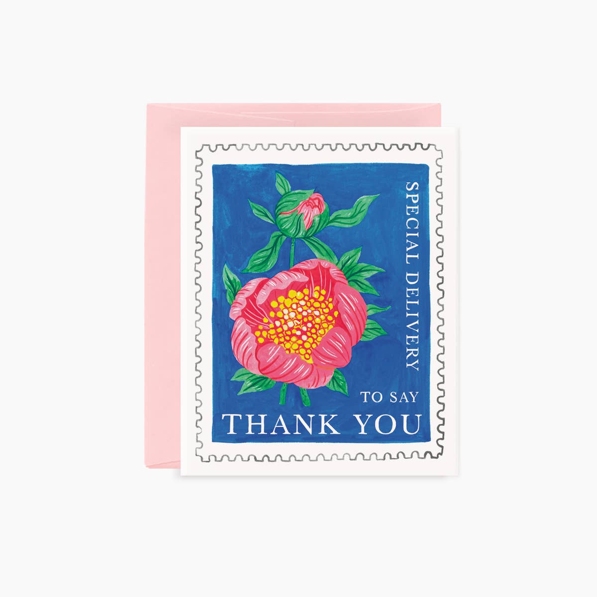 A square thank you card with a pink envelope, featuring a postage stamp design with a pink flower on a blue background and the words 'SPECIAL DELIVERY' and 'TO SAY THANK YOU'.