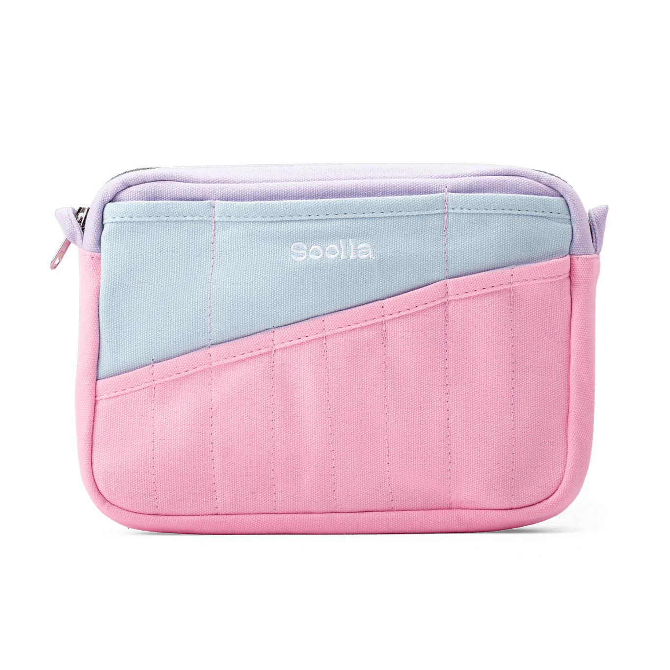 A small rectangular pouch with a diagonal color-block design in pastel pink and light blue, featuring a lavender zipper closure and the brand name 'soolla' printed in white on the front.
