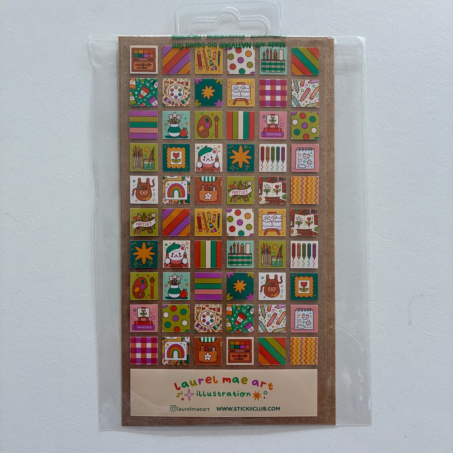 Sticker sheet with art supply illustrations