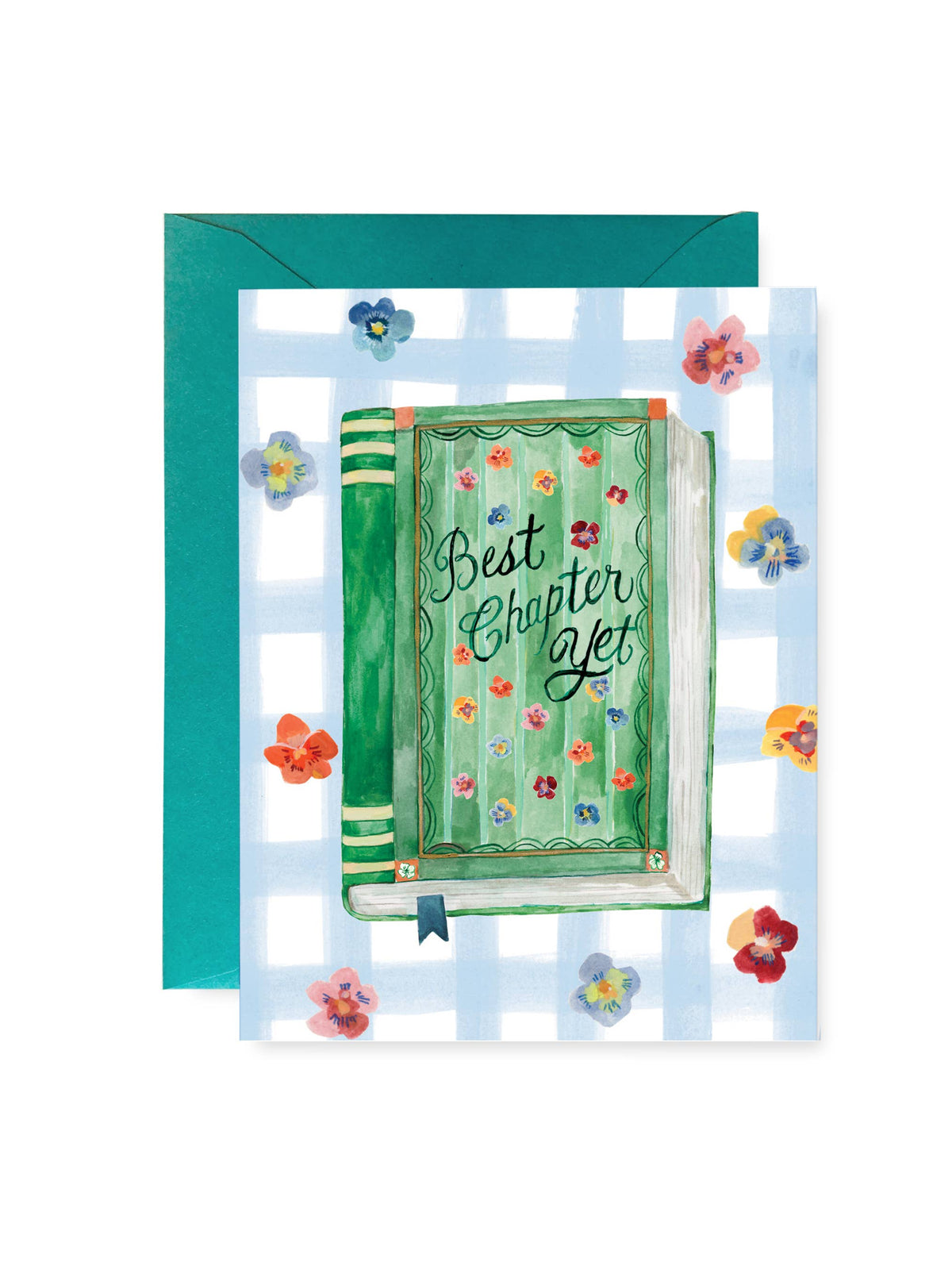 A greeting card with a teal envelope, featuring a watercolor illustration of an open green book with the words 'Best Chapter Yet' on a light blue and white gingham background with small colorful flowers.