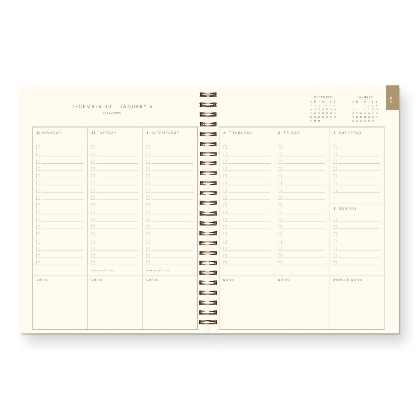 Spiral-bound planner with monthly calendar and grid layout on a white background