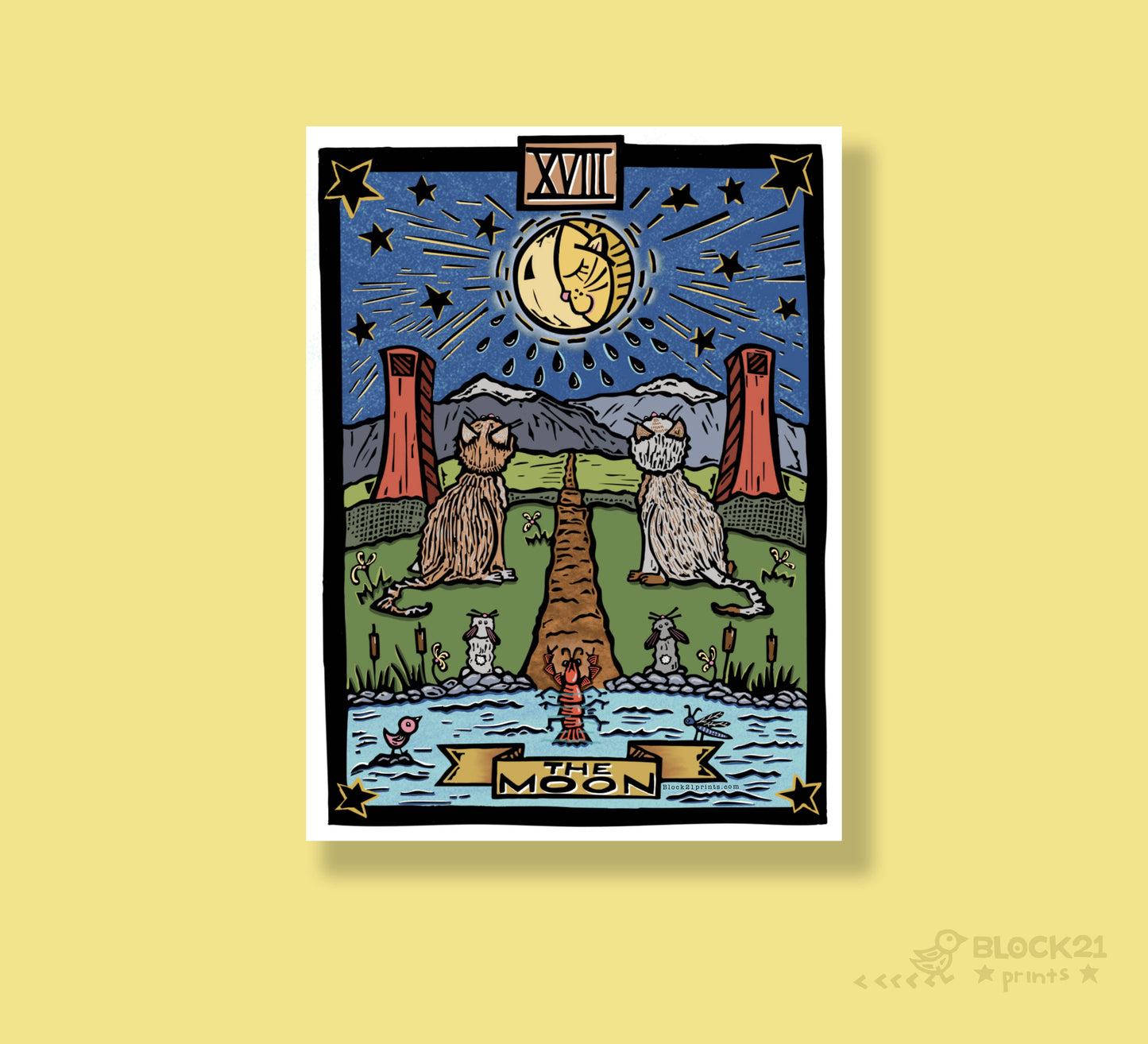 A tarot card art print titled 'The Moon' (XVIII) featuring a whimsical illustration of two cats on a path looking at a full moon, set against a light yellow background with a subtle drop shadow.