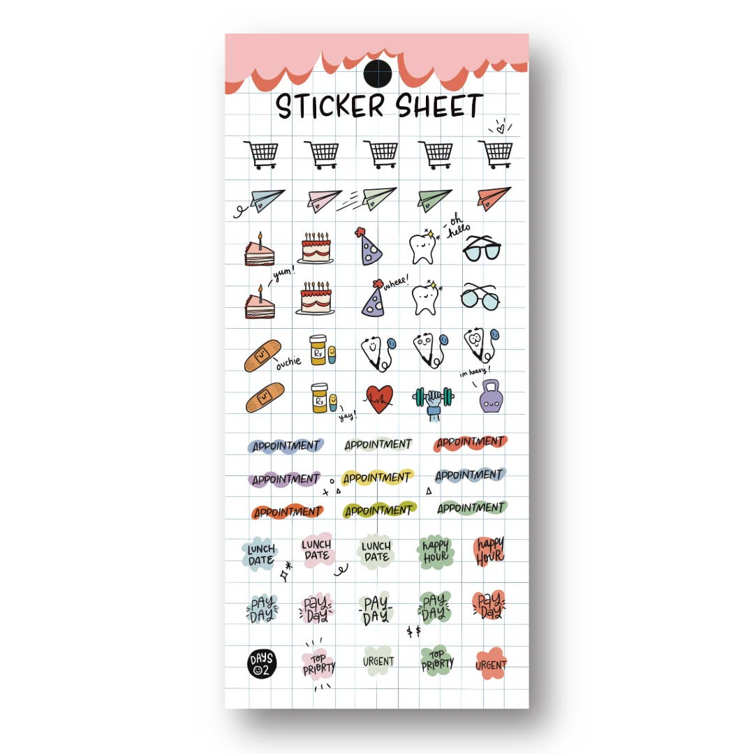 Sticker sheet with various small illustrations on a white background