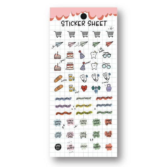 Sticker sheet with various small illustrations on a white background