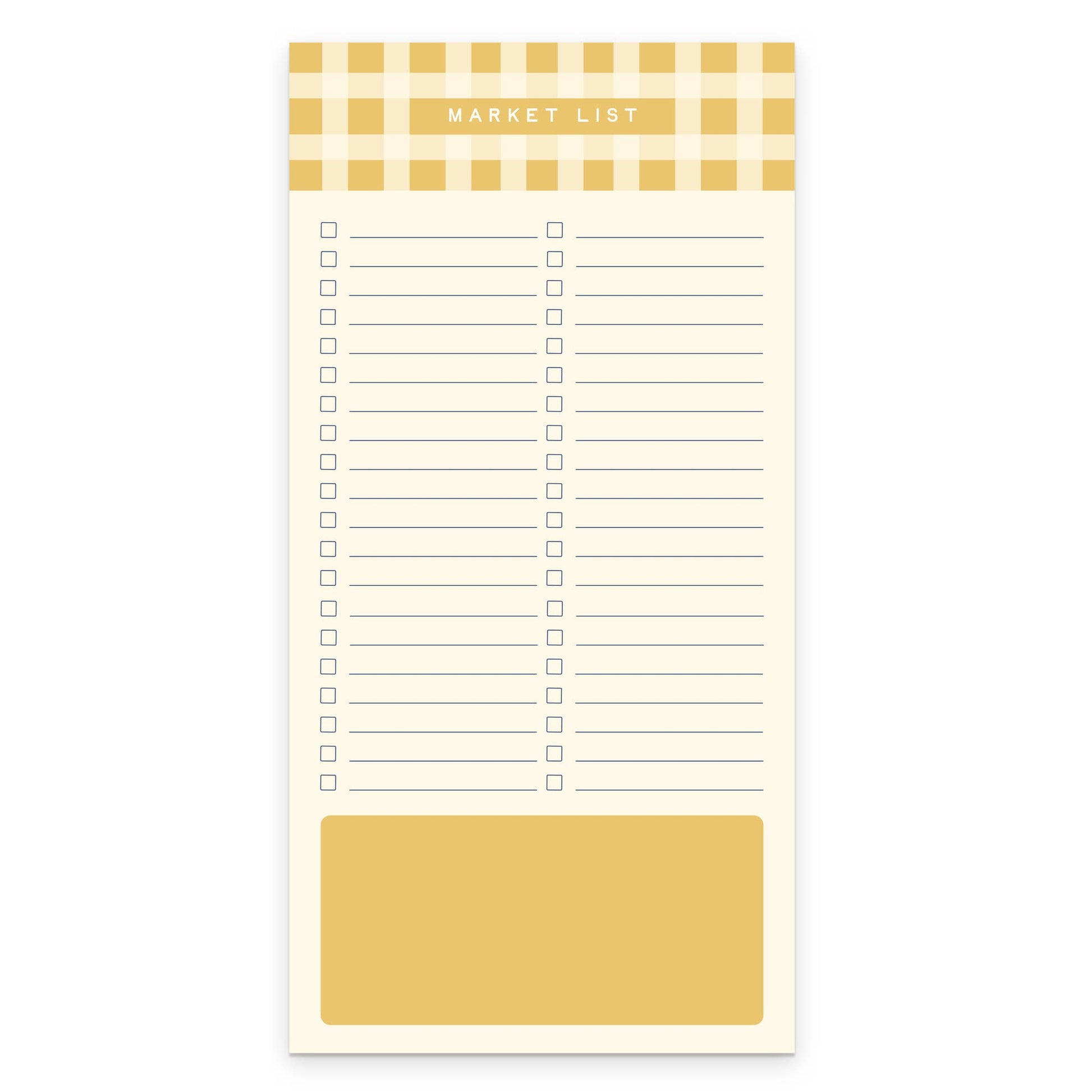 Notepad with a yellow checkered border and 'Market List' at the top on a white background