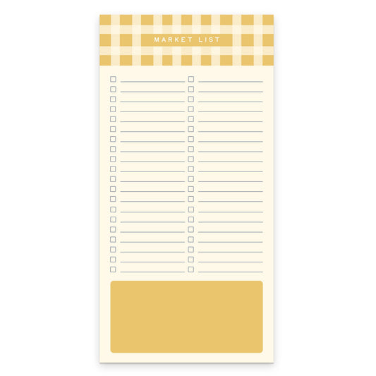 Notepad with a yellow checkered border and 'Market List' at the top on a white background