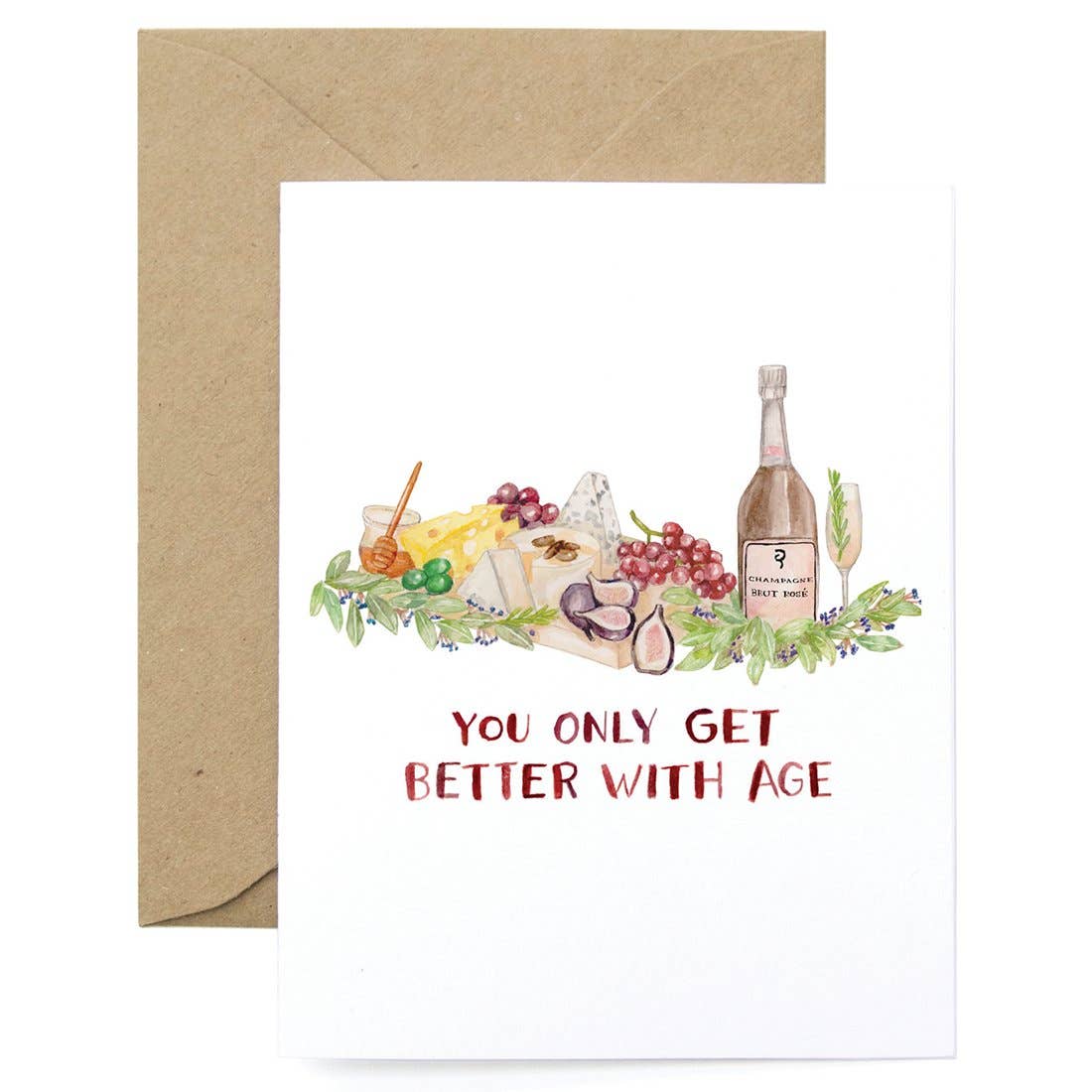 Greeting card with wine bottle, fruits, and cheese illustration and 'You only get better with age' text.