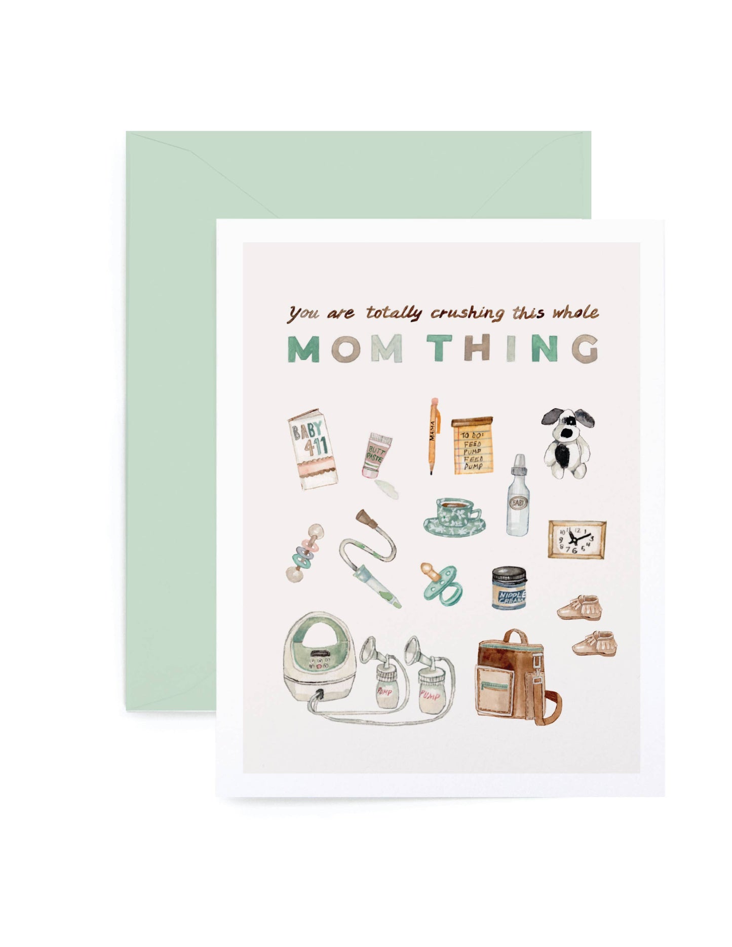 Greeting card with illustrations of baby items and text on a white background