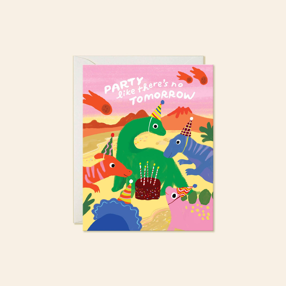A colorful illustrated birthday card with the text 'PARTY like there's no TOMORROW' and a whimsical scene of dinosaurs around a cake, shown with a white envelope on a light beige background.