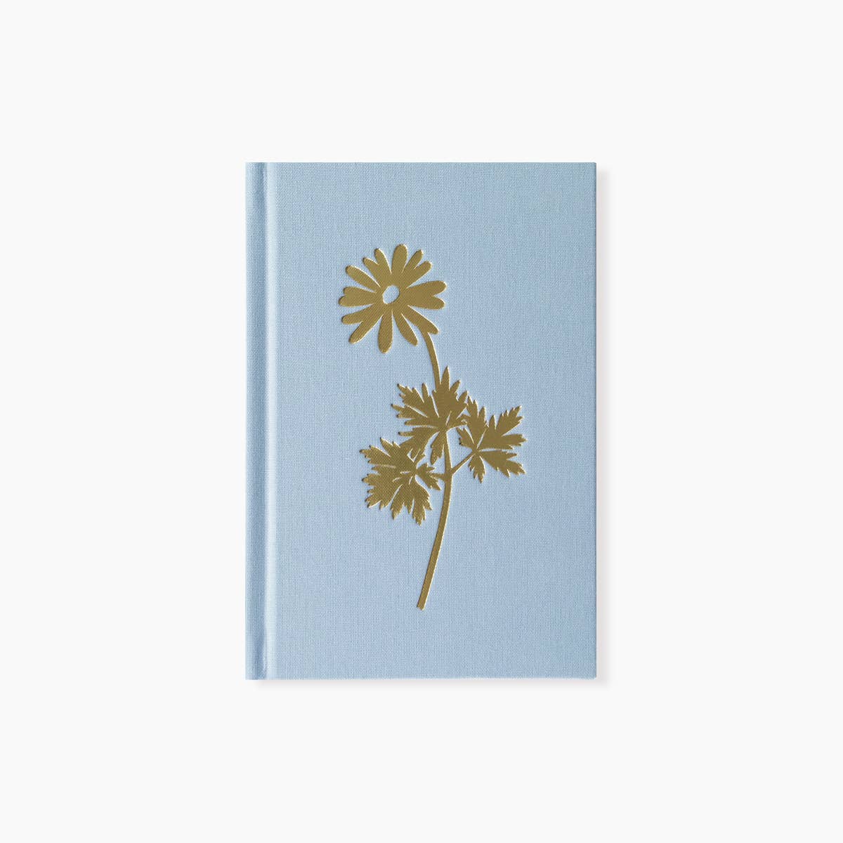 Light blue notebook with gold floral design on a white background