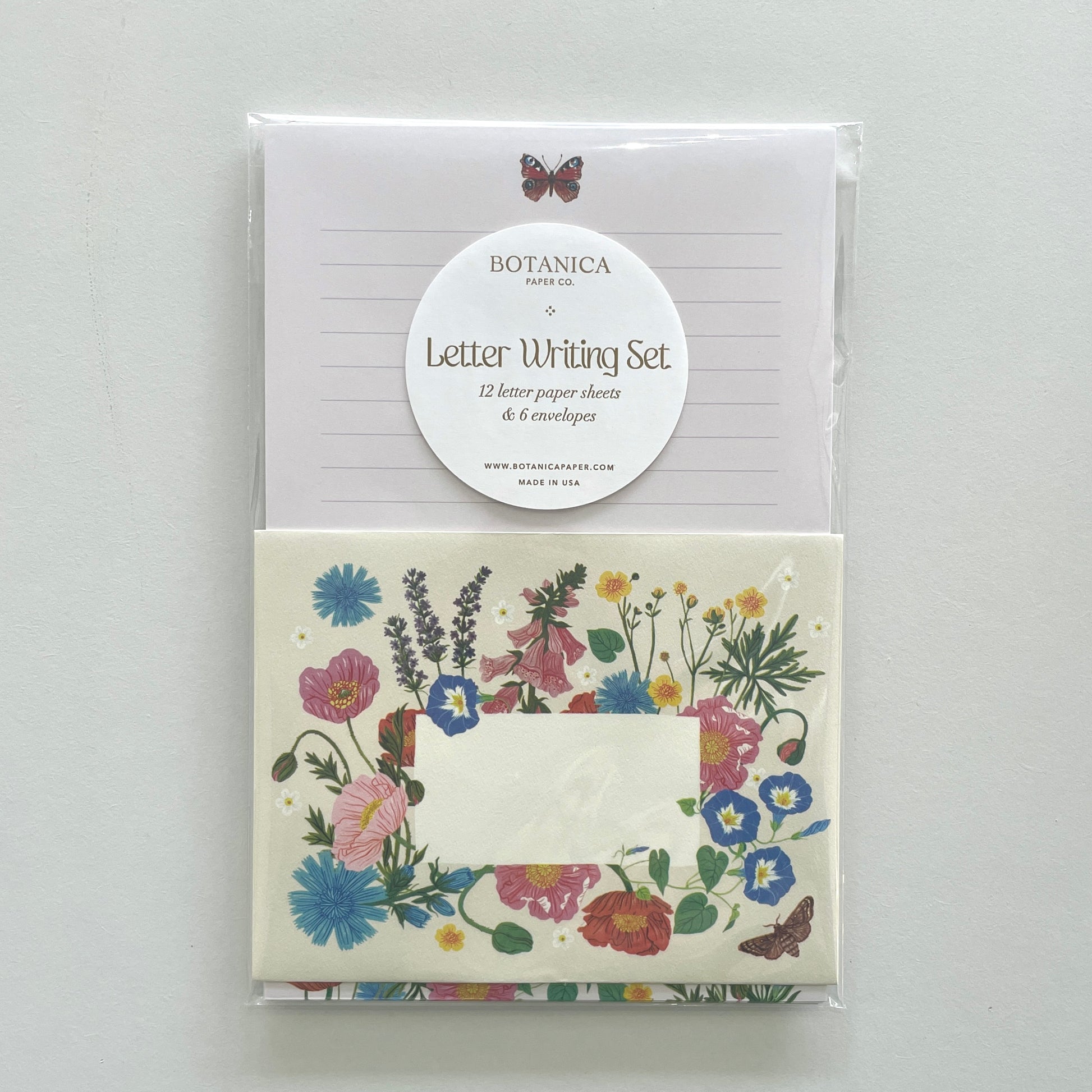 A letter writing set from Botanica Paper Co., featuring a floral design envelope and a pack of letter writing cards.