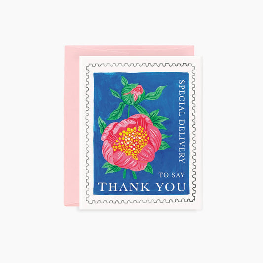 A square thank you card with a pink envelope, featuring a postage stamp design with a pink flower on a blue background and the words 'SPECIAL DELIVERY' and 'TO SAY THANK YOU'.