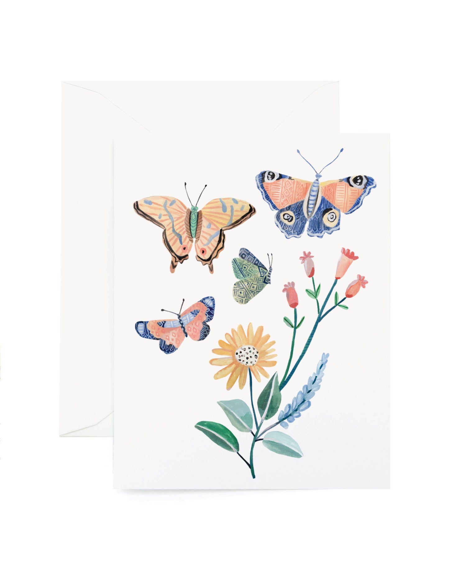 A white greeting card with a watercolor-style illustration of four colorful butterflies and a yellow flower, shown with a matching white envelope behind it on a light gray background.