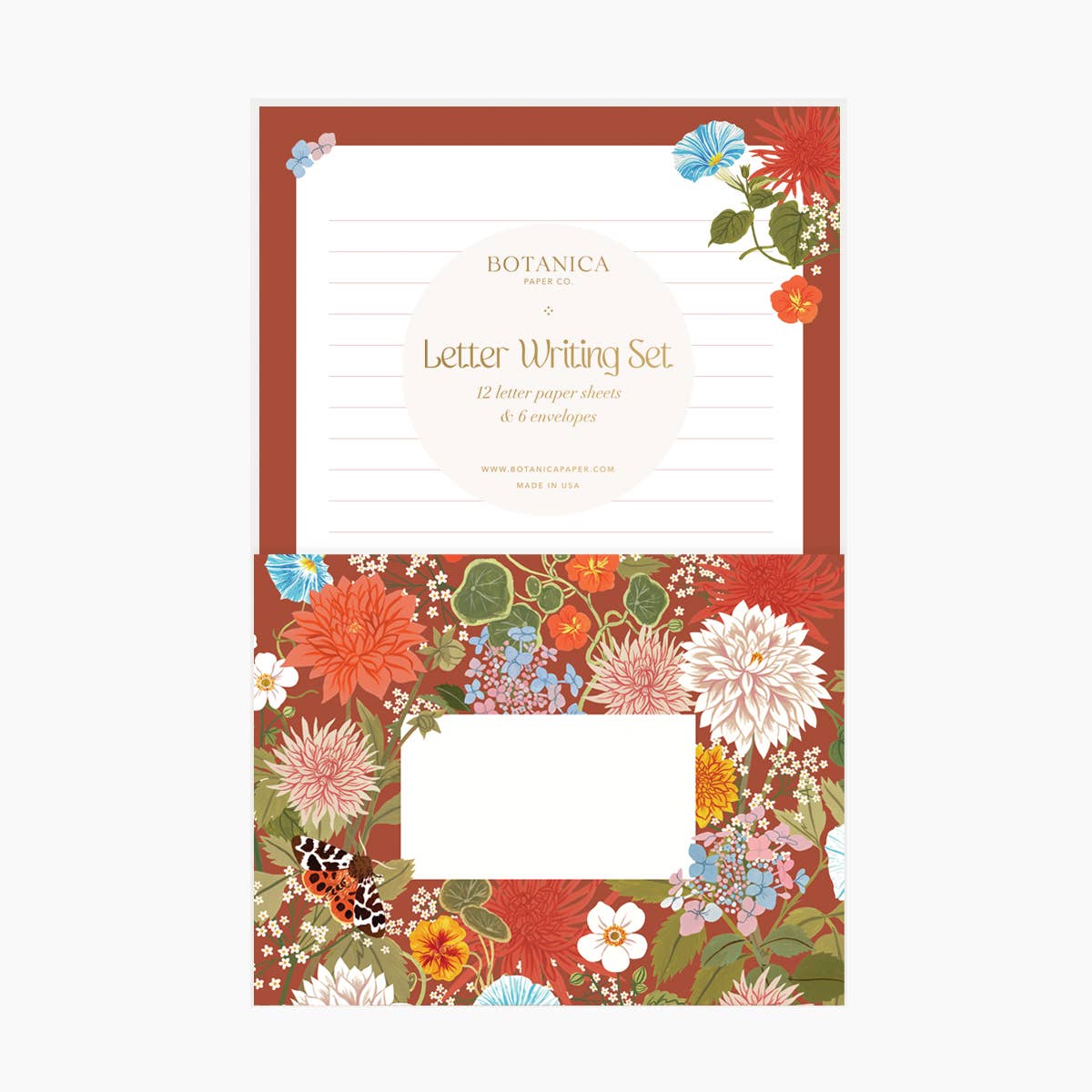 Floral letter writing set with Botanica branding on a white background