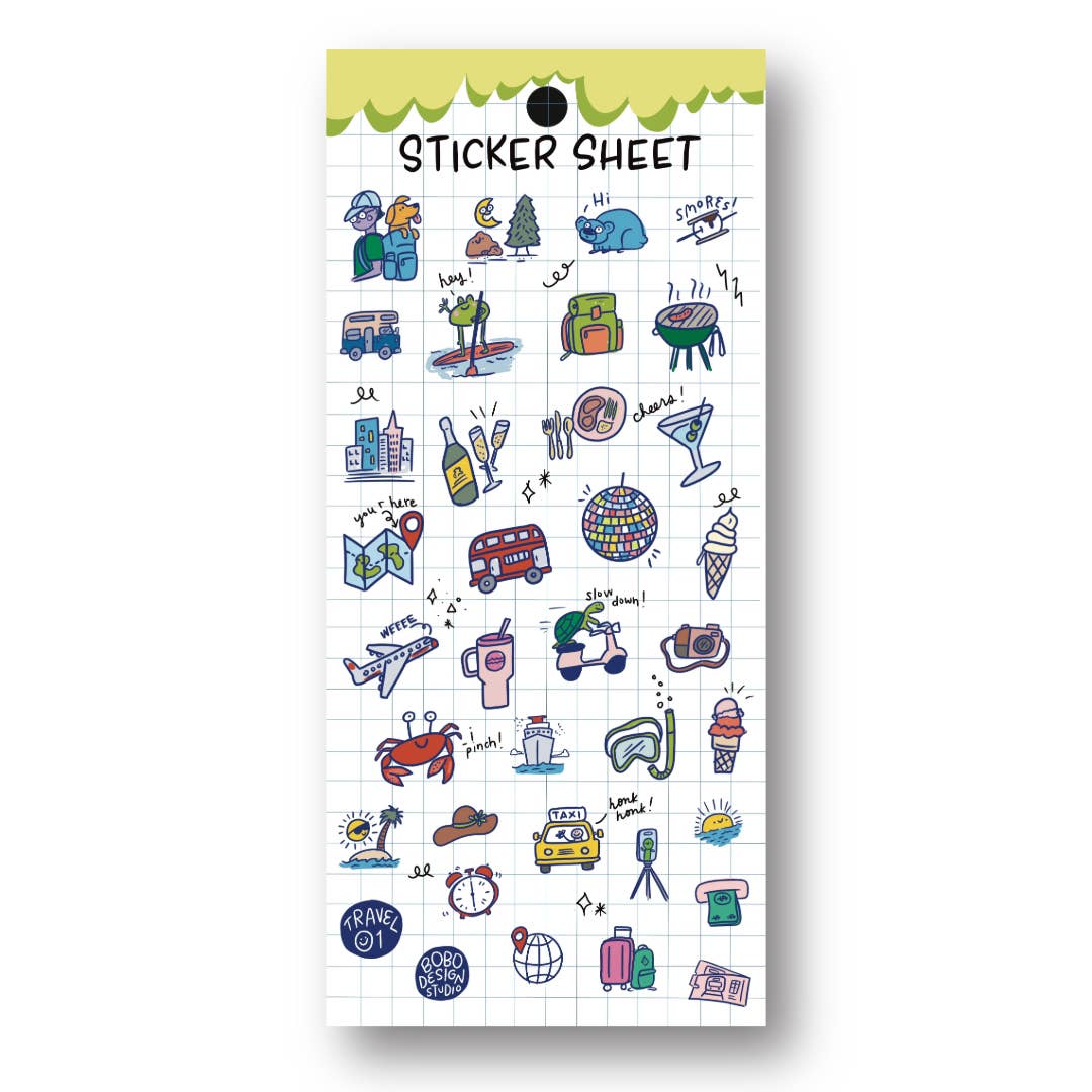 Sticker sheet with various colorful illustrations on a white background