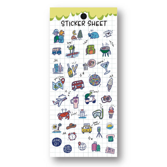 Sticker sheet with various colorful illustrations on a white background