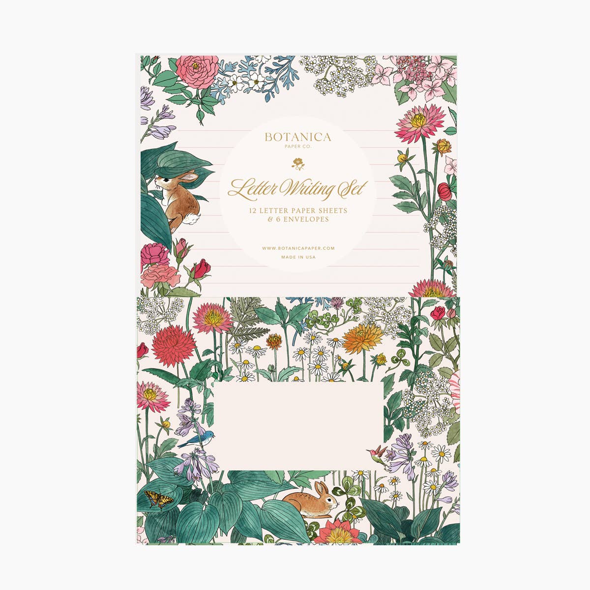 A botanical letter writing set featuring illustrated paper sheets and envelopes with a floral border, bunny and bird illustrations, and the Botanica brand name printed at the top.