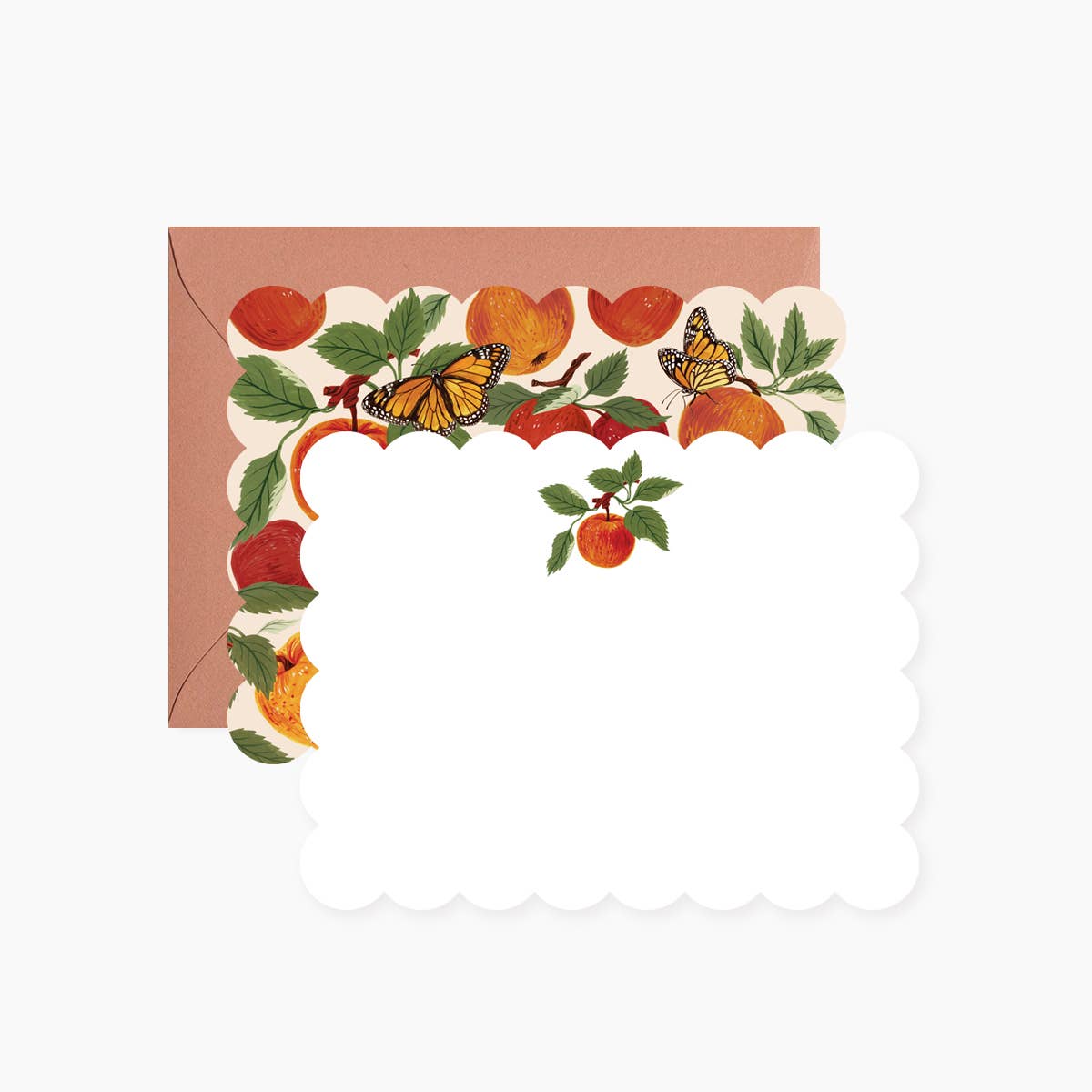 Decorative envelope with autumn-themed design featuring apples, leaves, and butterflies on a white background.