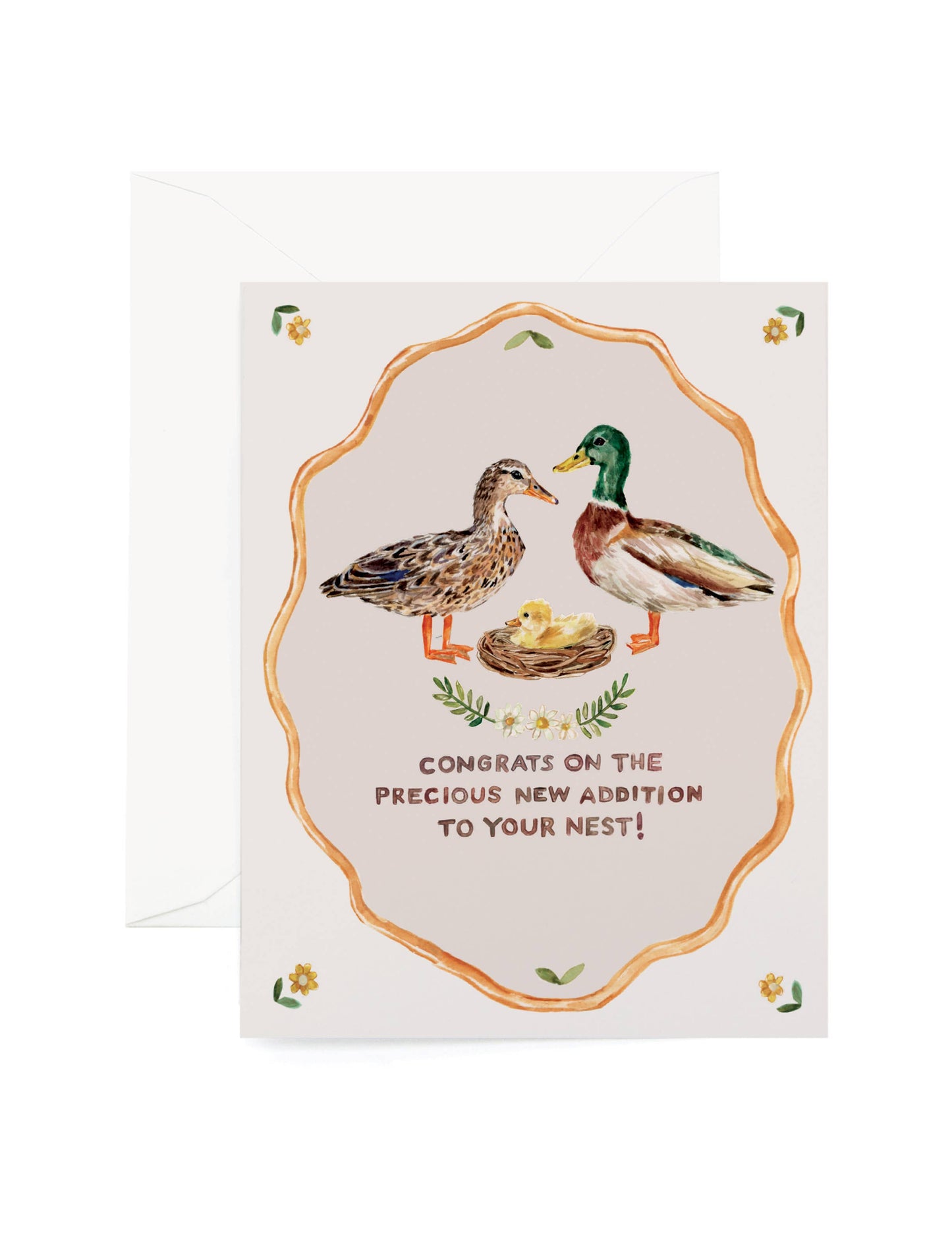 Greeting card with ducks and a nest, featuring text 'Congrats on the precious new addition to your nest'.