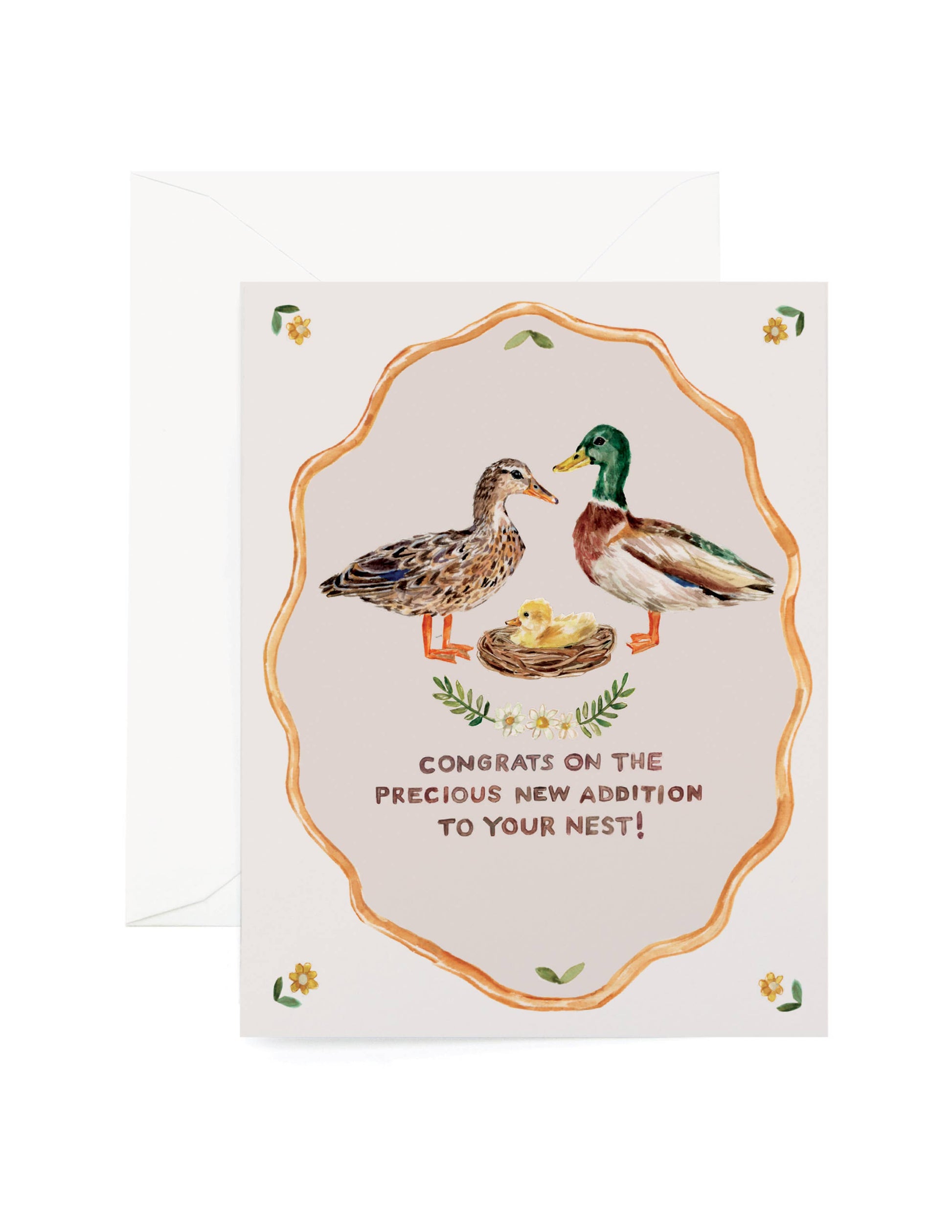 Greeting card with ducks and a nest, featuring text 'Congrats on the precious new addition to your nest'.