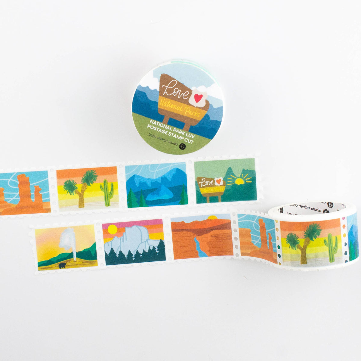 Roll of decorative stamps with various designs on a white background