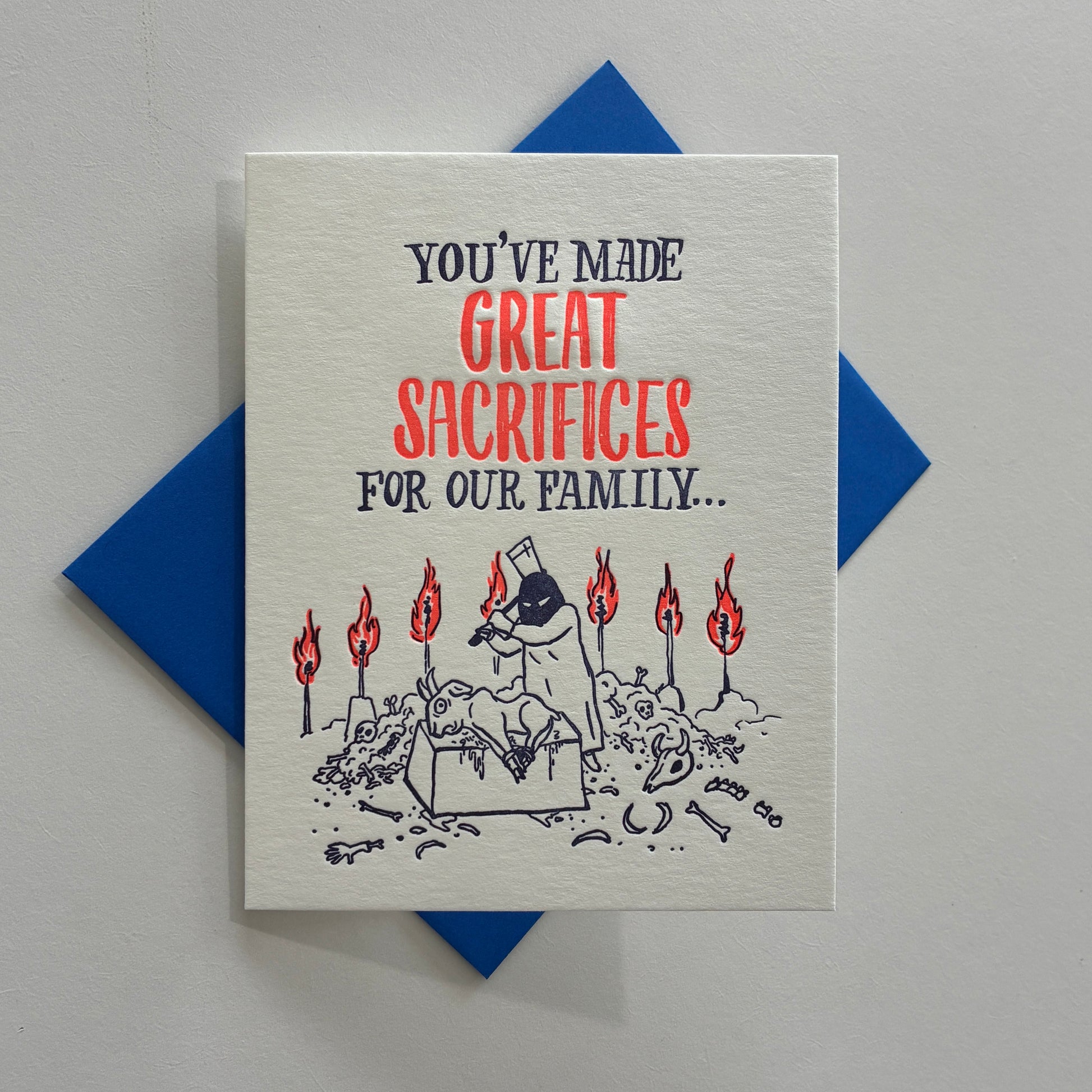 Card with humorous text and illustration on a gray background