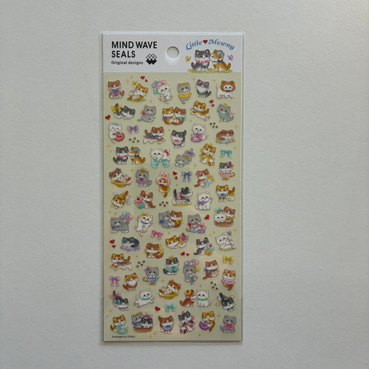 Sheet of decorative stickers with cartoon cats on a gray background