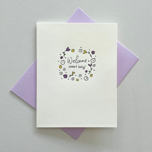 Welcome Sweet Baby Floral Letterpress Greeting Card