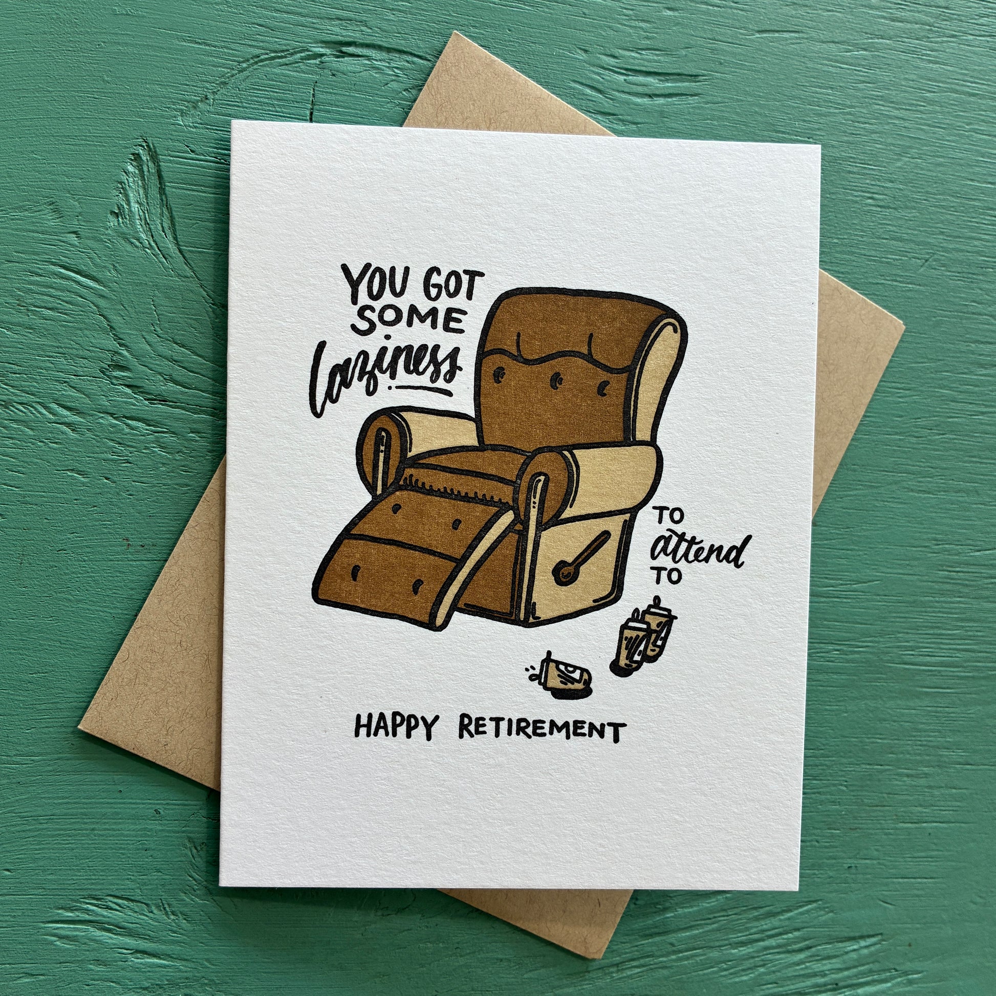 Greeting card with a brown armchair illustration and humorous text on a teal background
