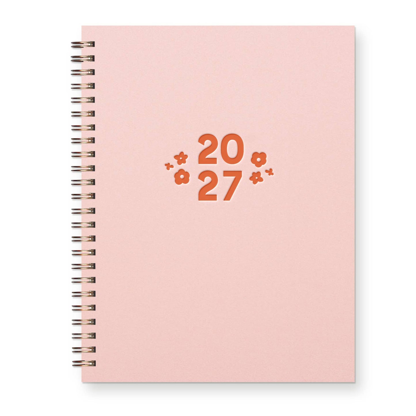 A light pink spiral-bound notebook with a silver wire binding and '2027' printed in orange on the front cover, shown against a plain white background.