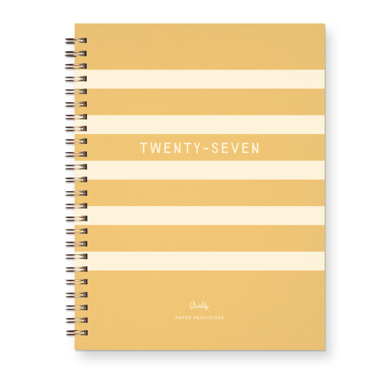 Notebook with yellow and beige striped cover and 'Twenty-Seven' text on a white background