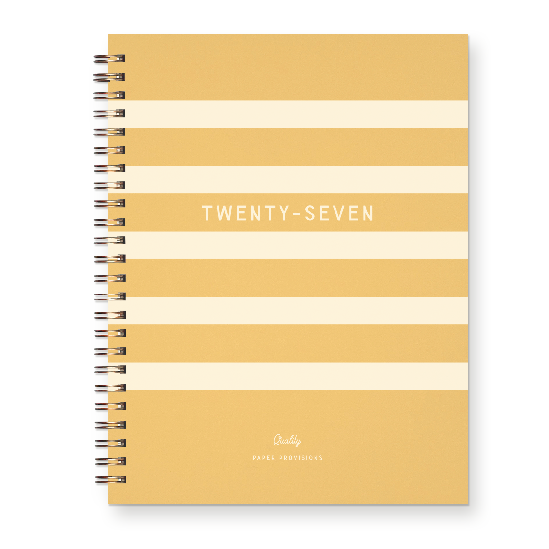 Notebook with yellow and beige striped cover and 'Twenty-Seven' text on a white background