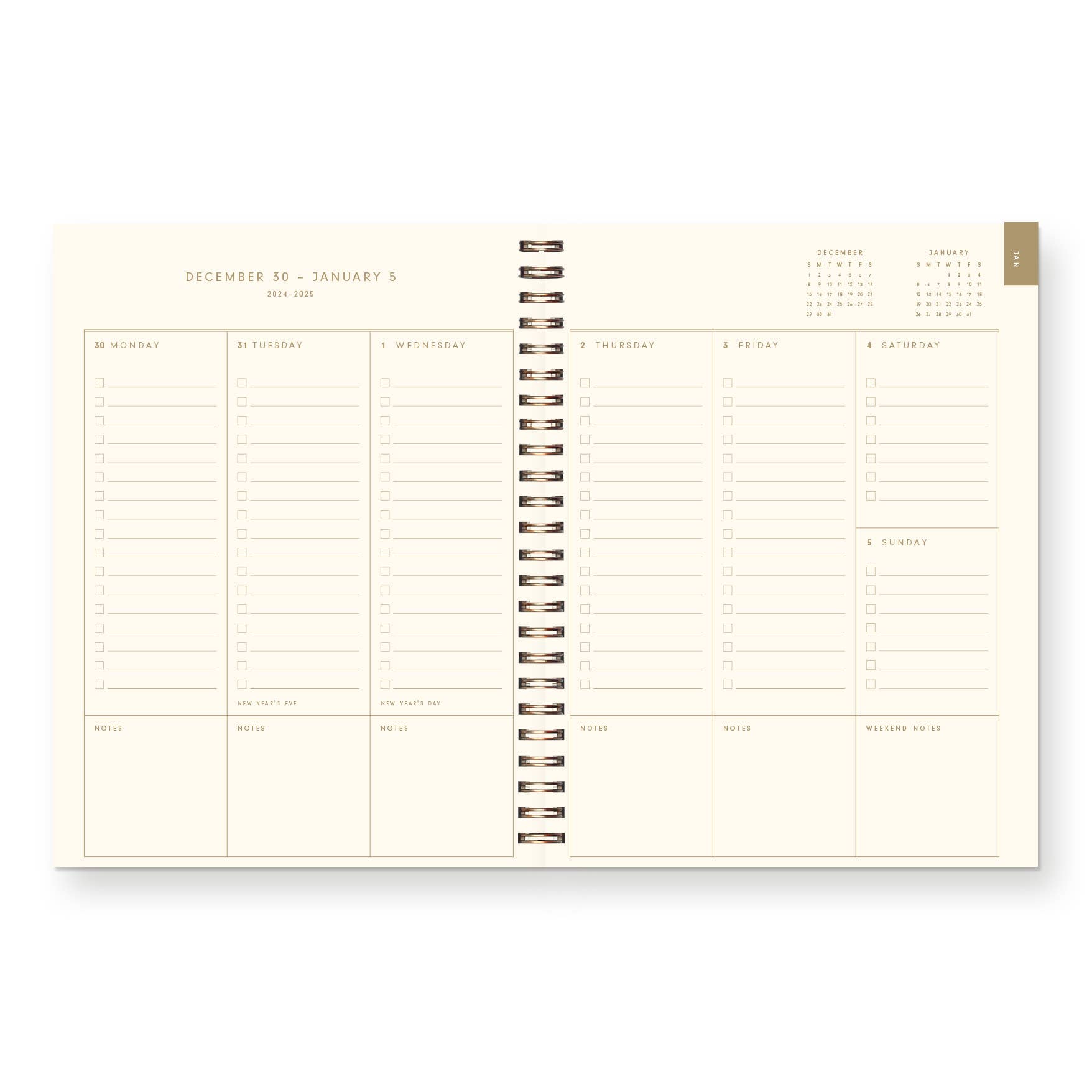 Spiral-bound planner with monthly calendar and grid layout on a white background