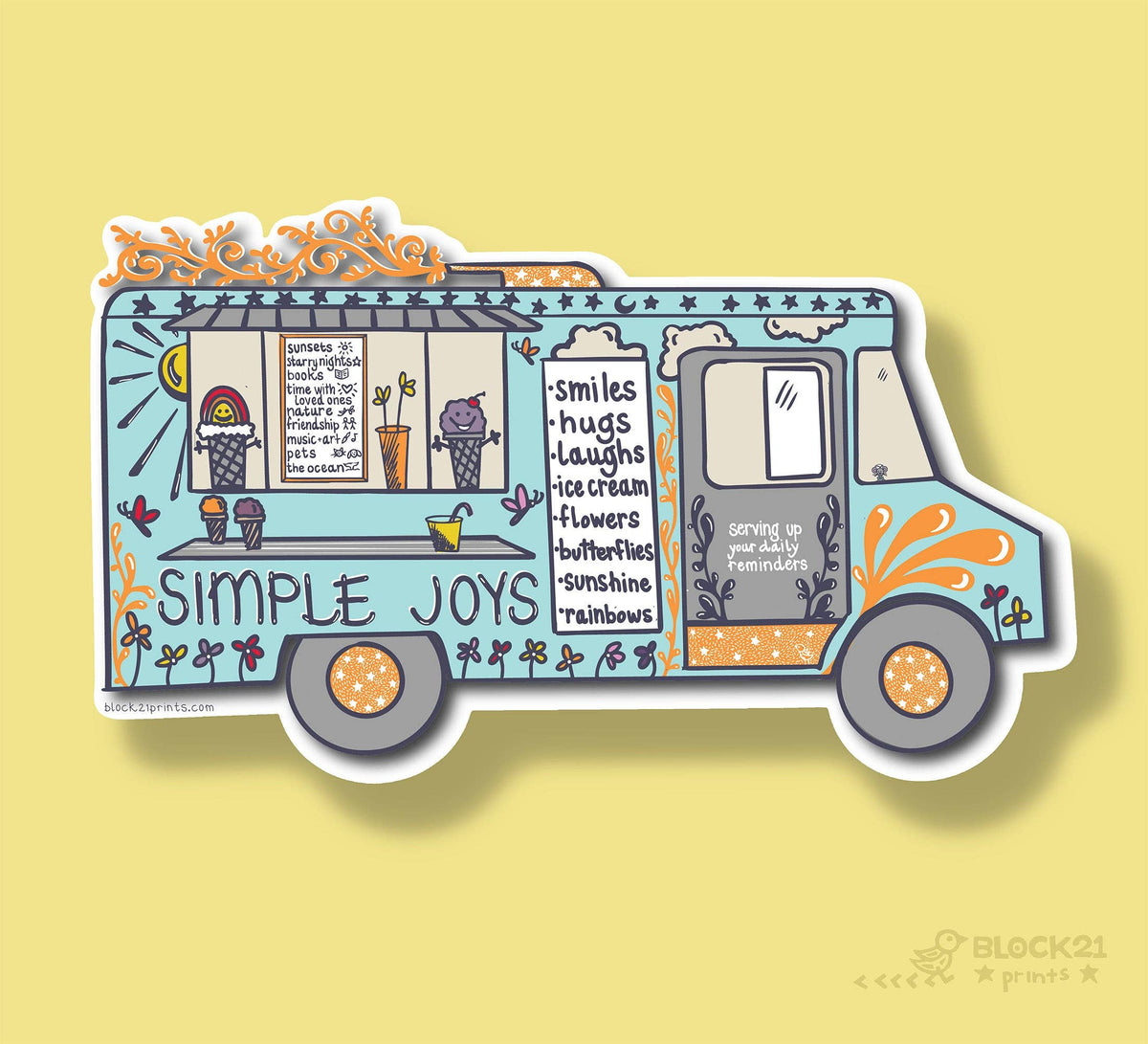 A die-cut sticker of a whimsical ice cream truck with the text 'SIMPLE JOYS' on a light yellow background. The truck is decorated in light blue, orange, gray, and black, with cartoon ice cream cones and flowers.