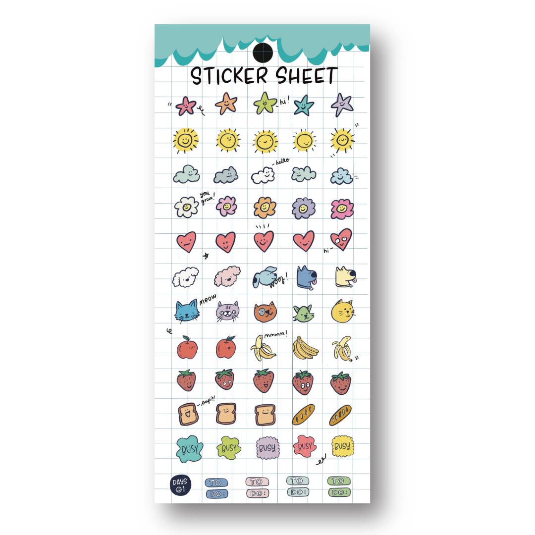 Sticker sheet with various small illustrations on a white background