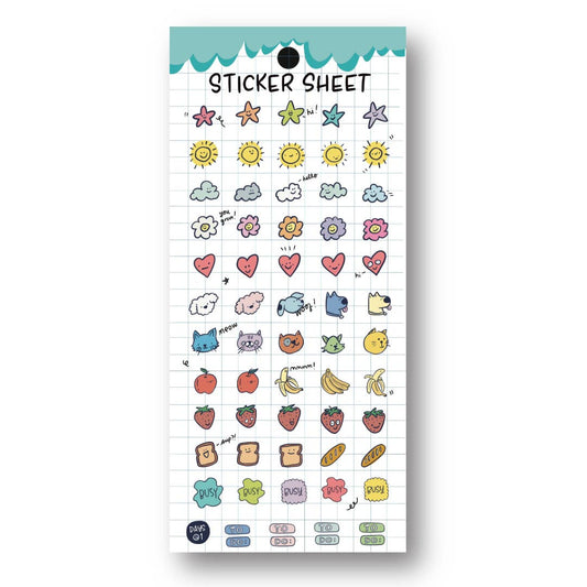 Sticker sheet with various small illustrations on a white background