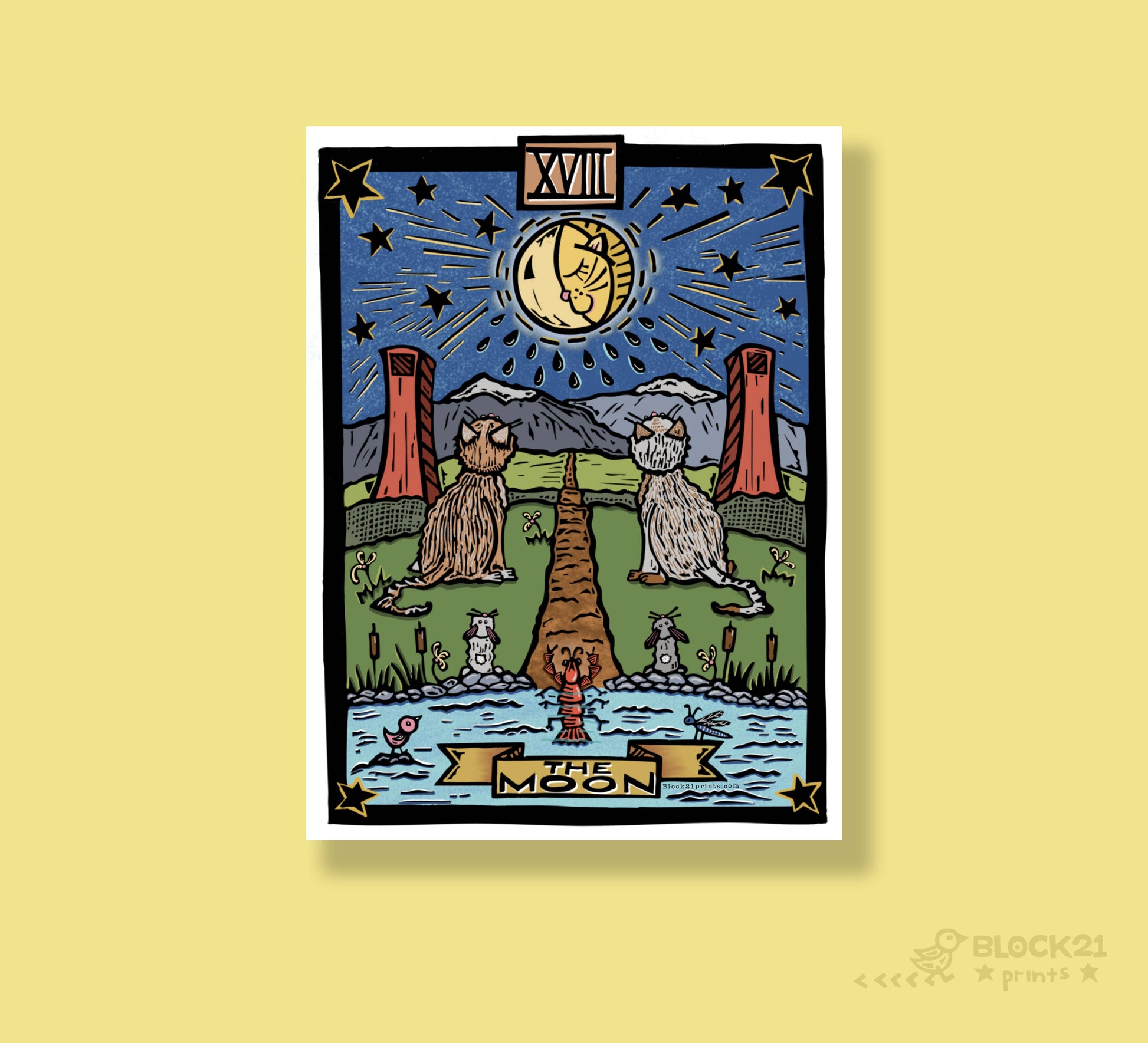 A tarot card art print titled 'The Moon' (XVIII) featuring a whimsical illustration of two cats on a path looking at a full moon, set against a light yellow background with a subtle drop shadow.