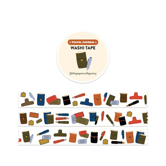 Travel journal washi tape featuring a colorful cartoon pattern of notebooks, pens, and stamps, shown with the brand label on a white background.