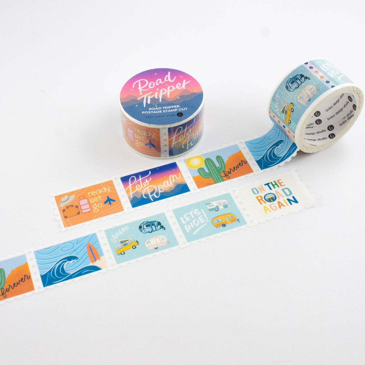 Decorative tape with colorful designs and text on a white background
