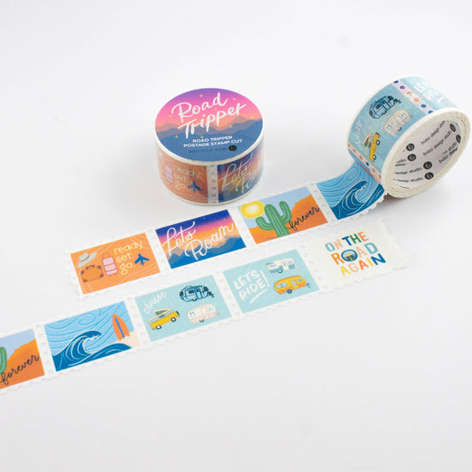 Decorative tape with colorful designs and text on a white background