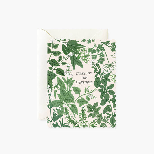 Card with green leaf pattern and 'Thank you for everything' text on a white background